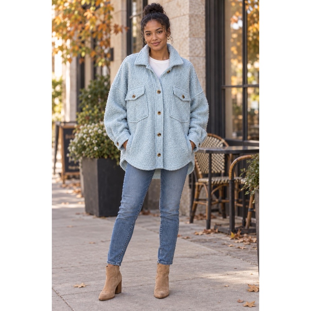 SO Oversized Sherpa Shacket Button Front Collared Pockets Light Blue Women's XL